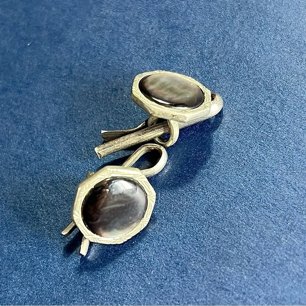 Vintage Abalone Mother of Pearl Cufflinks Silver Sliding Pin Studs Deco
